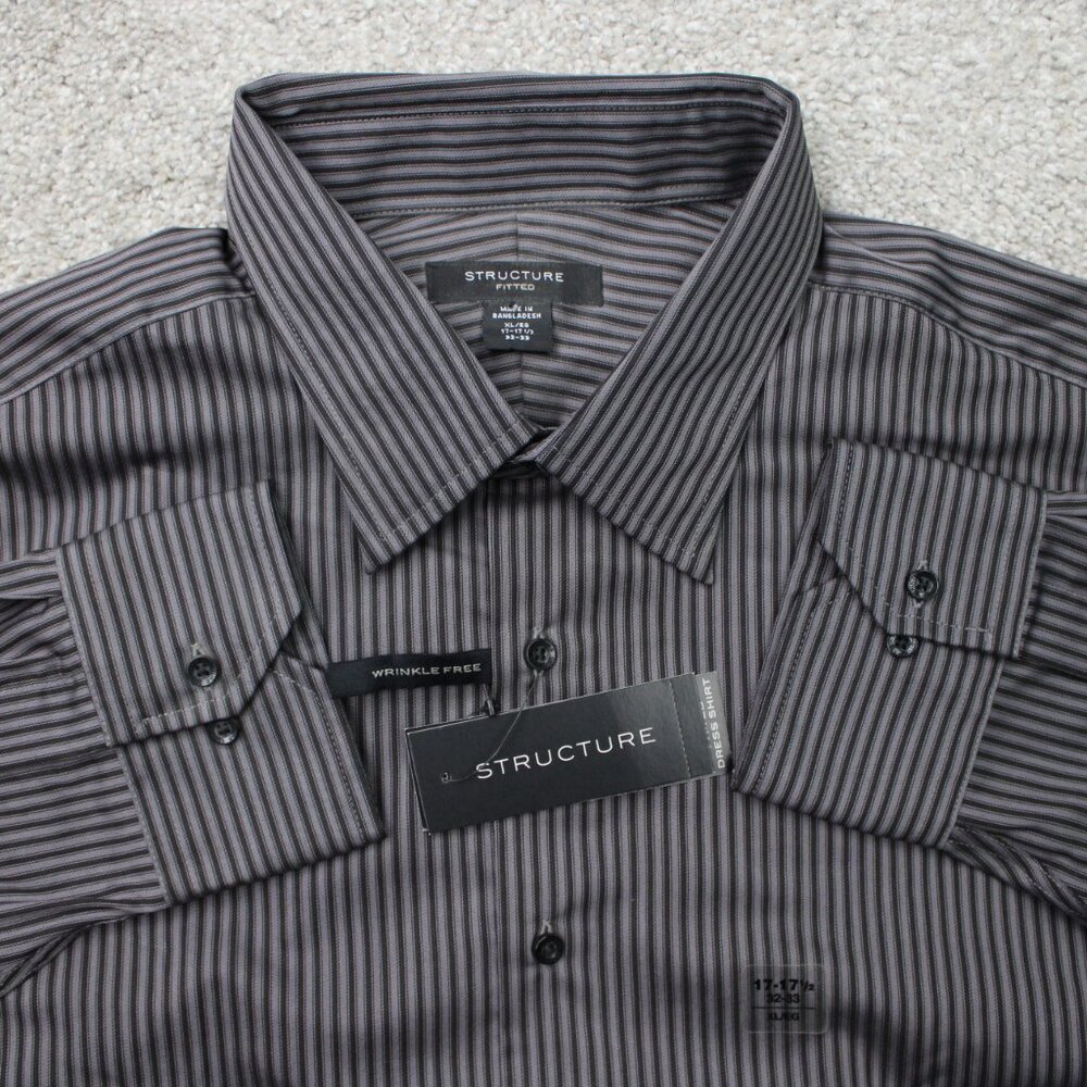 Structure Fitted Dress Shirt NWT Mens XL 17-17 1/2, 32/33 Black Wrinkle Free L/S